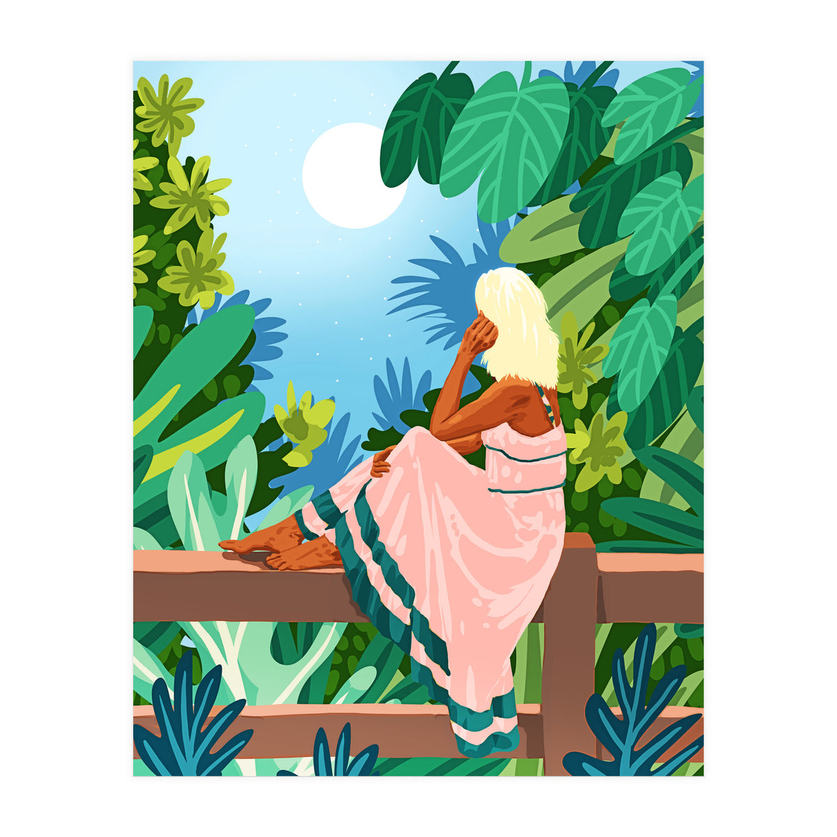Forest Moon, Bohemian Woman Jungle Nature Tropical Colorful Travel Fashion Illustration (Print Only)