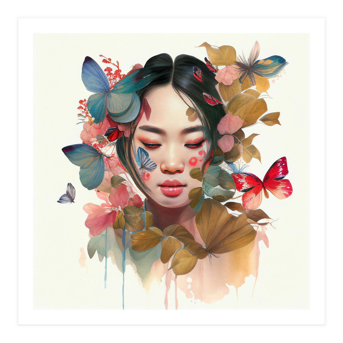 Watercolor Floral Asian Woman #9 (Print Only)