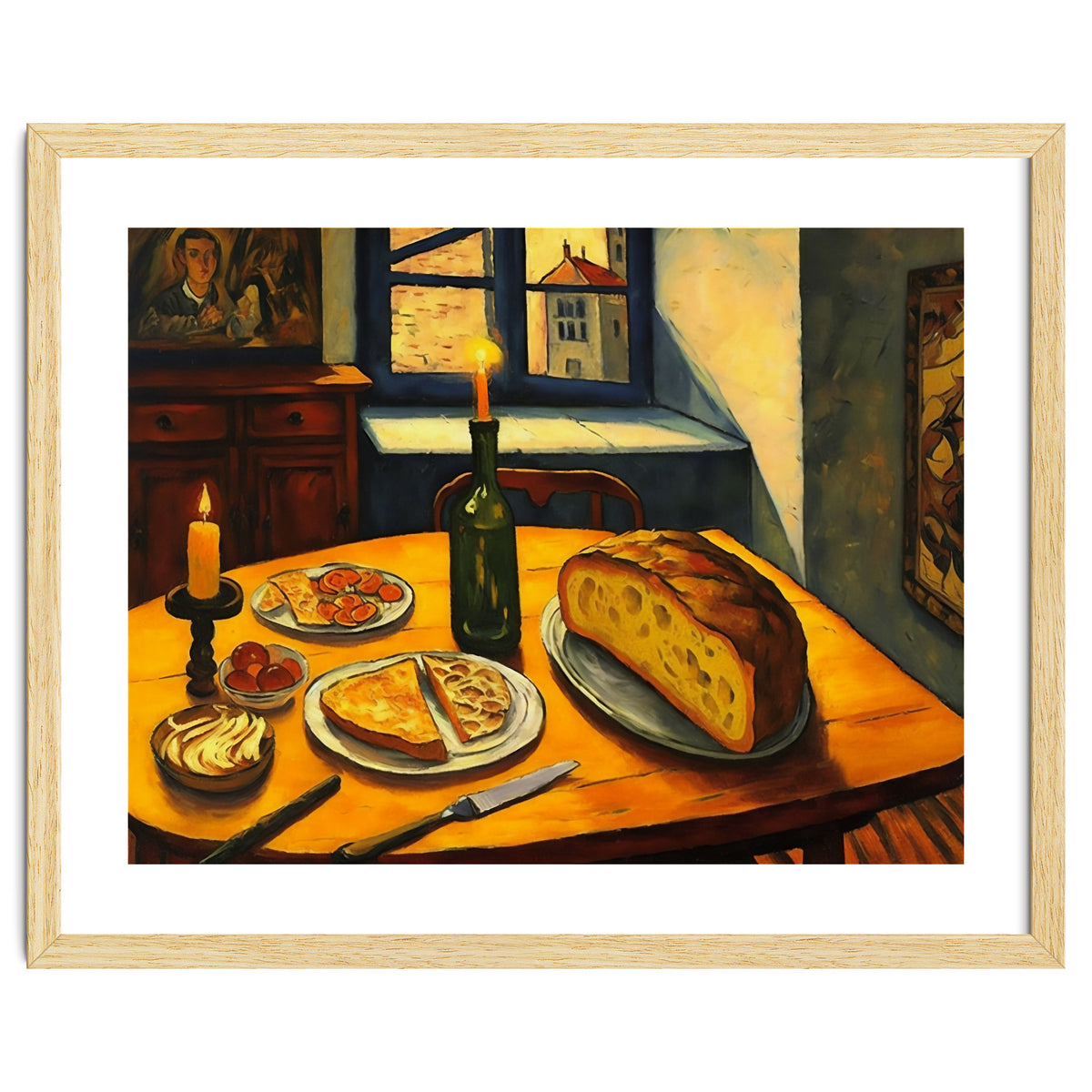 Table Setting of Bread and Cheese Oil Painting