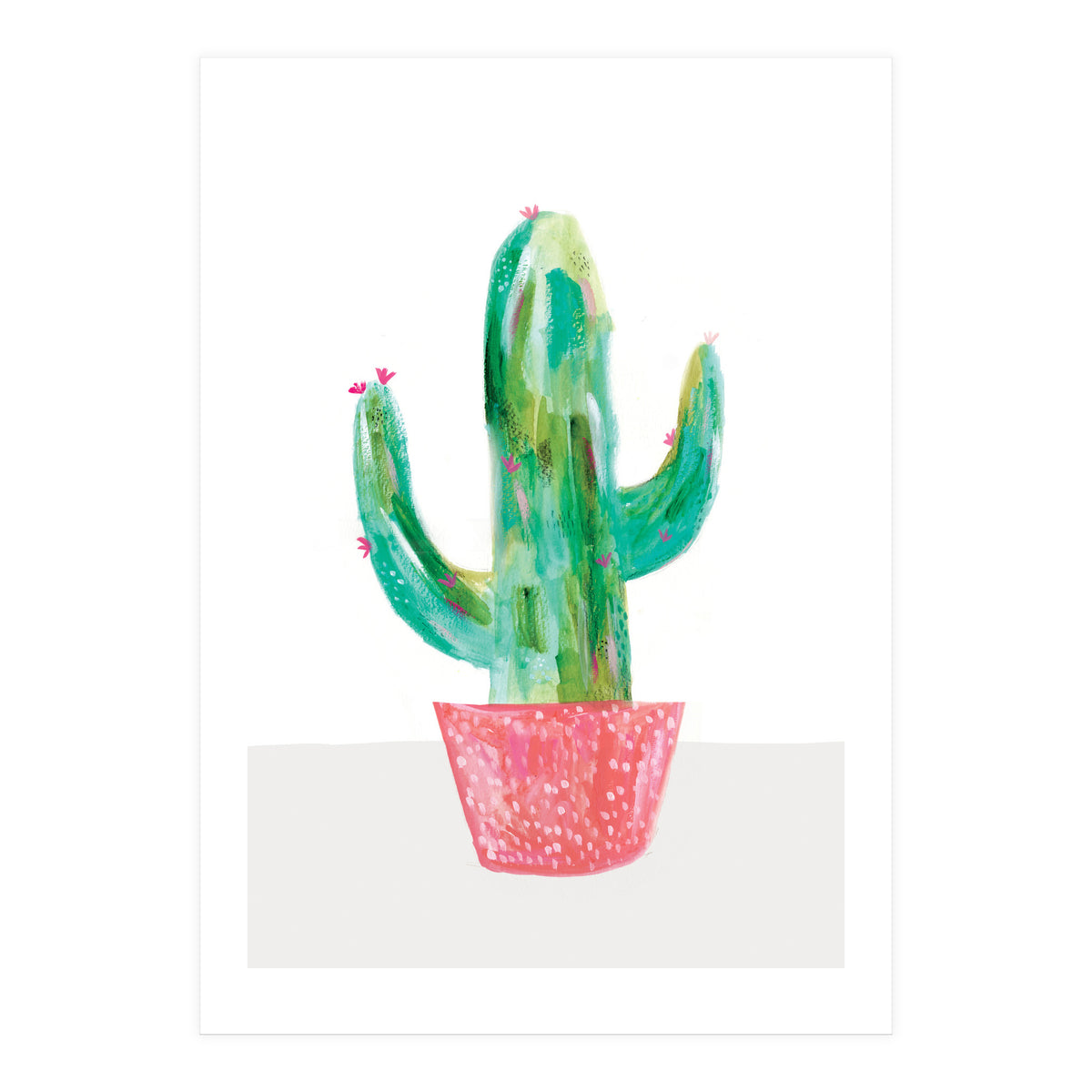 Painted Cactus In Coral Plant Pot (Print Only)