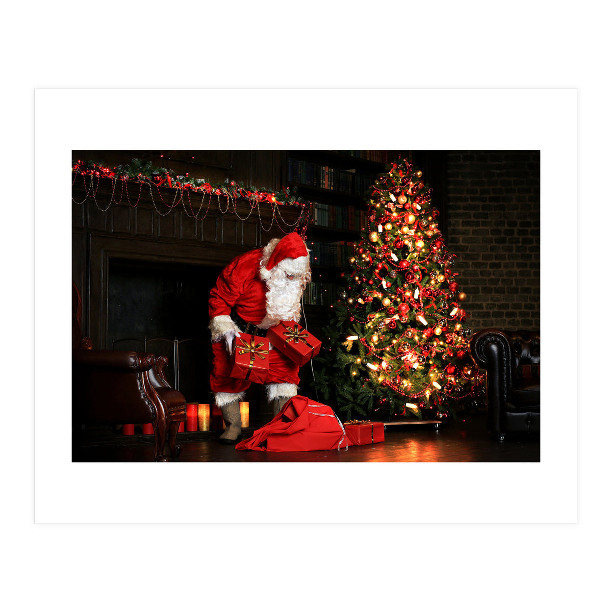 Santa Claus put his Christmas gift under the Xmas tree at midnight (Print Only)