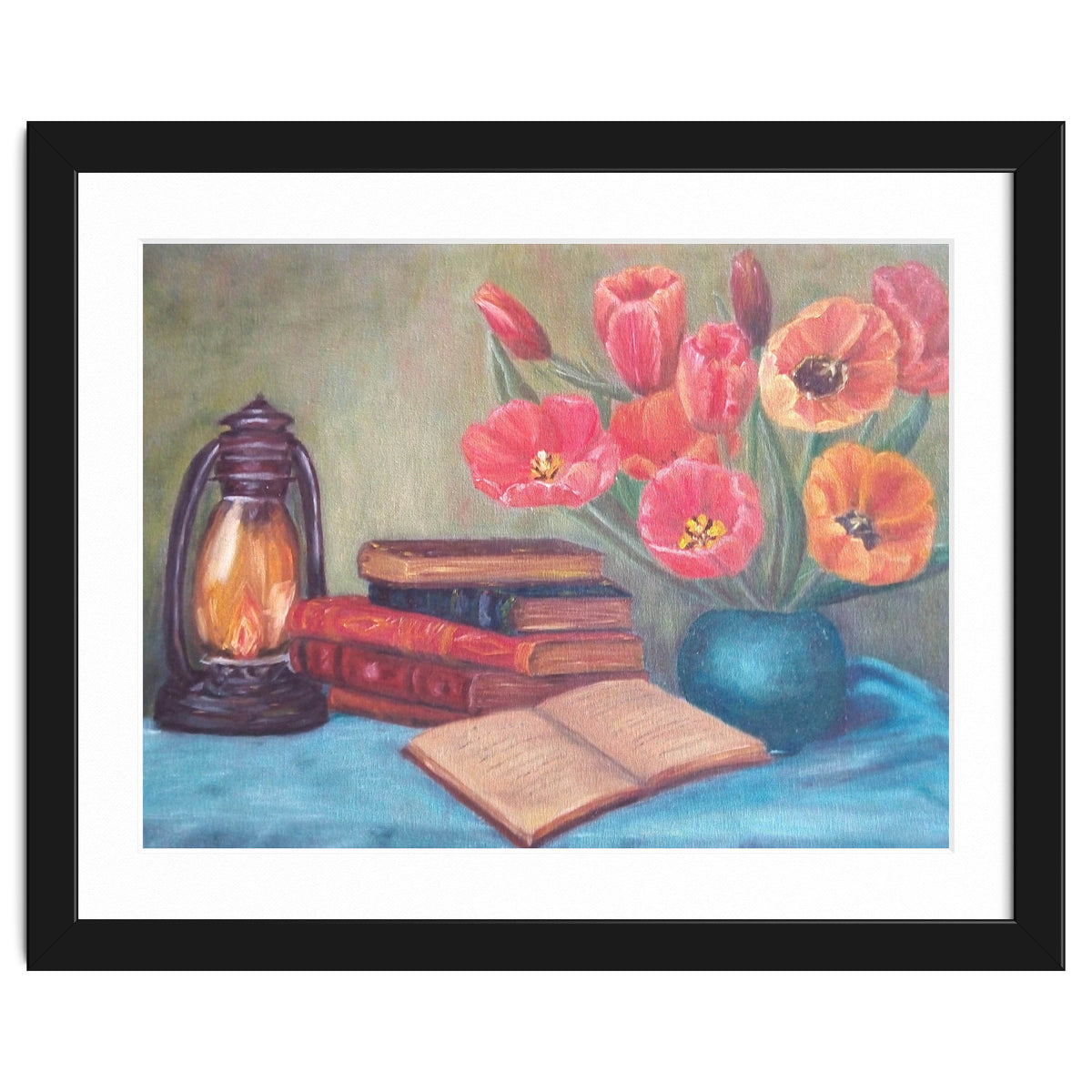 Still life with tulips, books and an old lamp.