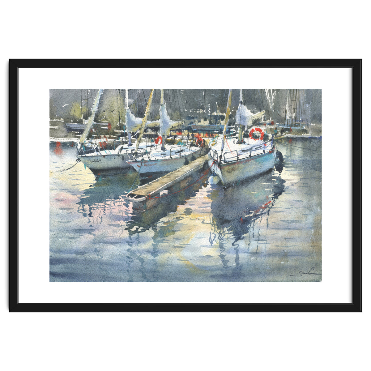 Yachts in the port. Watercolor painting