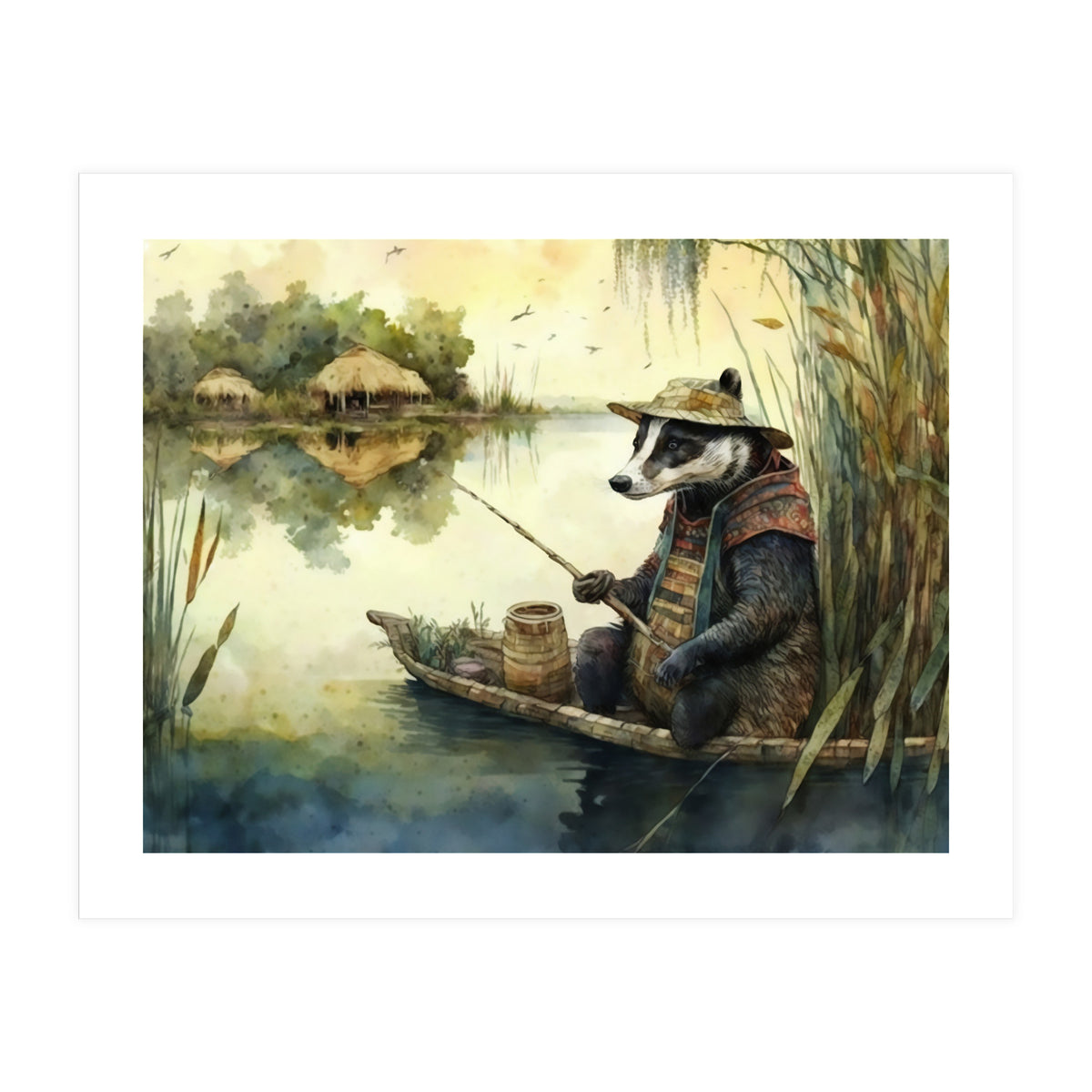 Badger Fishing Watercolor Painting (Print Only)