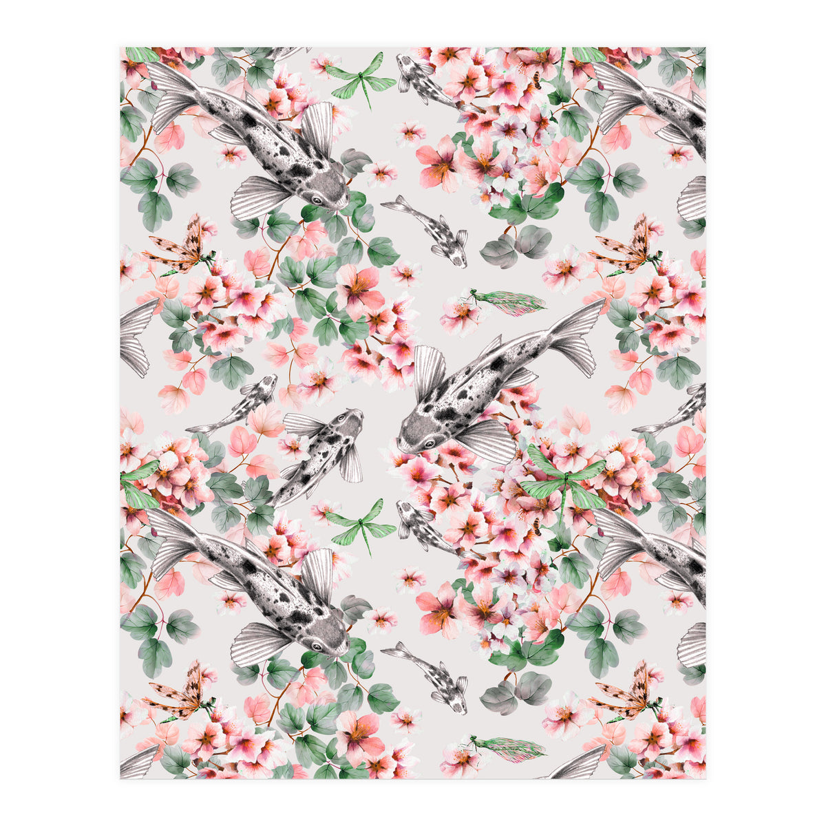 Asian fish among flowers (Print Only)