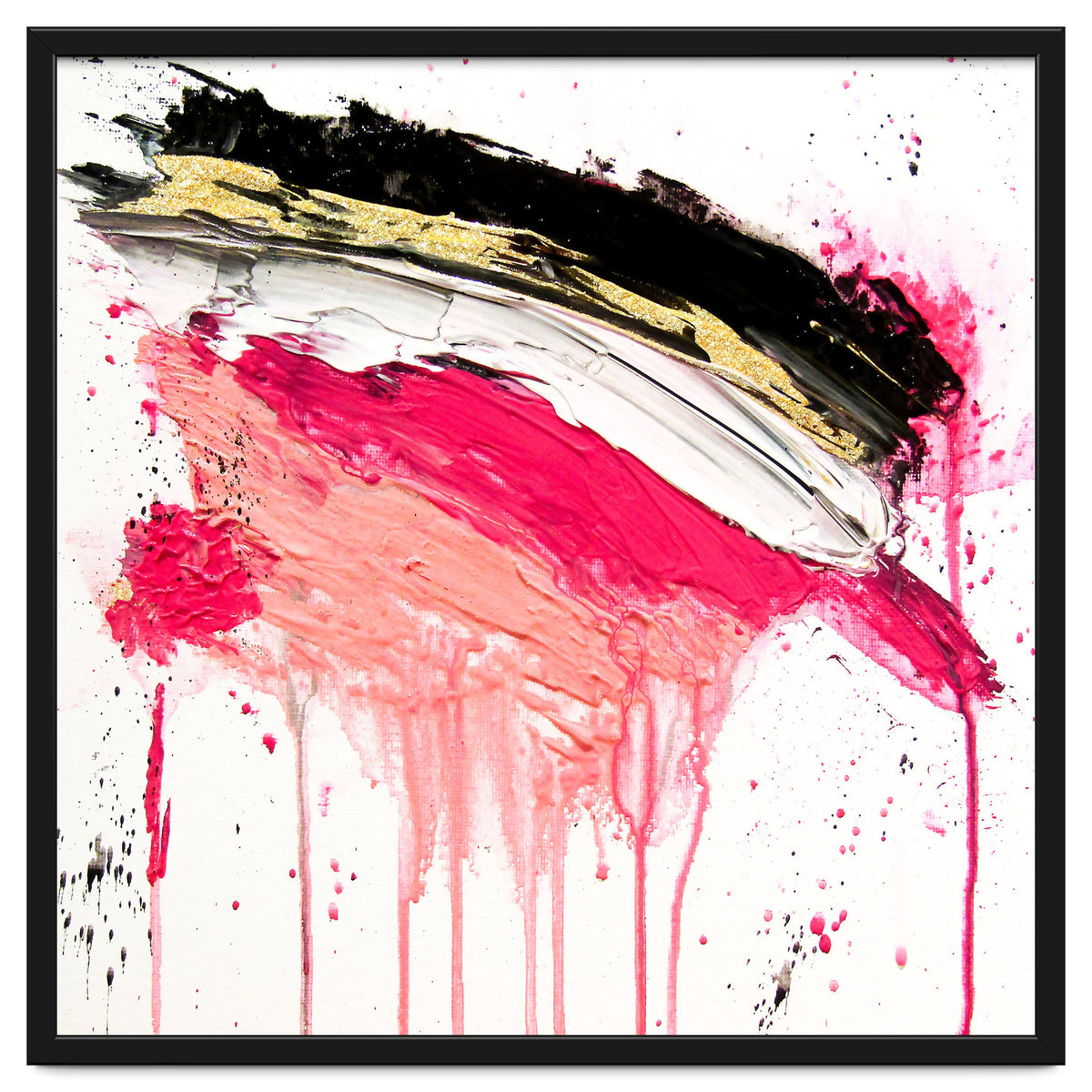 Modern Abstract Pink Black Gold Brushstrokes Splatters Acrylic