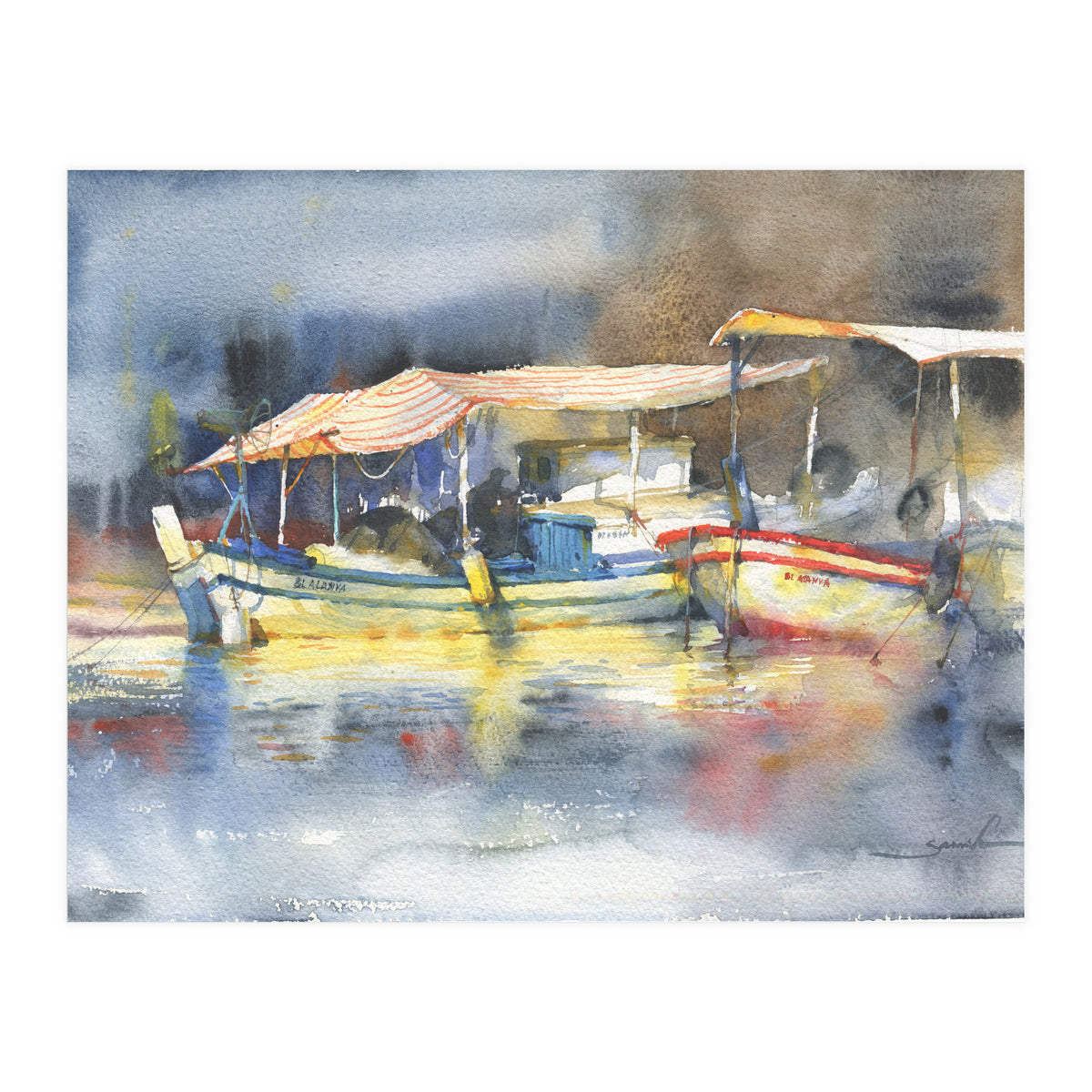 Yachts in the port. Watercolor art (Print Only)