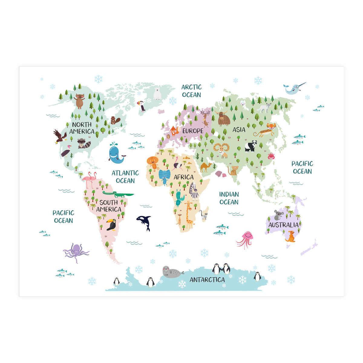 Pastel Animal World Map  (Print Only)