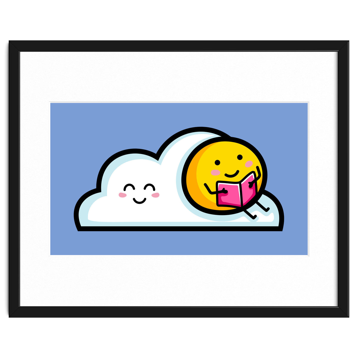 Kawaii Cute Sun Reading A Book On A Cloud