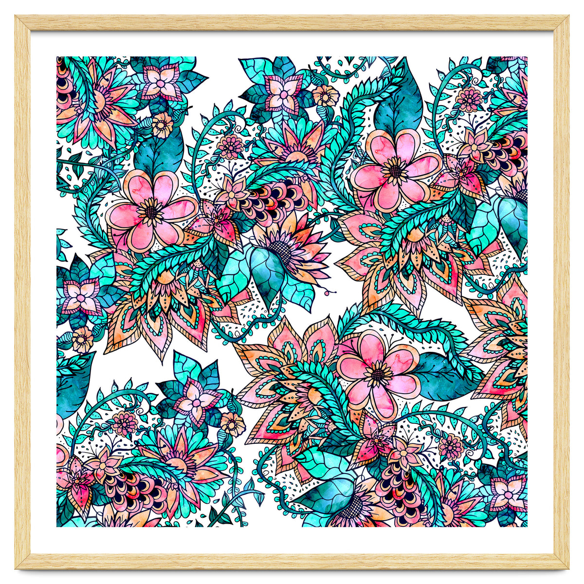 Boho turquoise pink floral watercolor illustration
