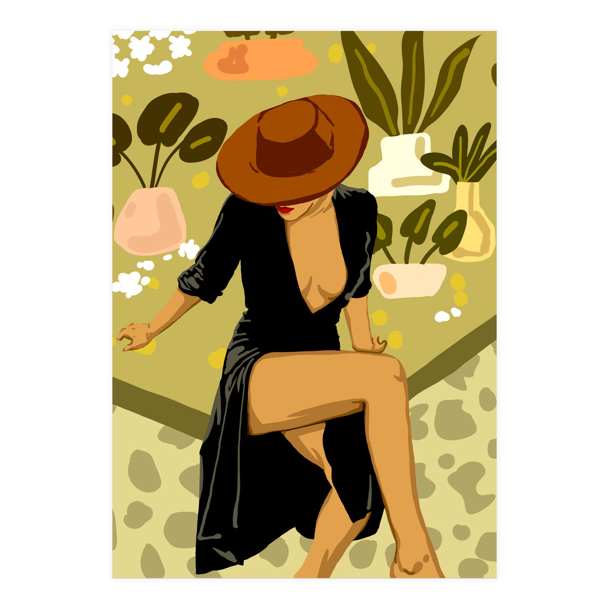 Make it Worth Their While, High Fashion Brown Woman Illustration, Plant Lady Little Black Dress (Print Only)