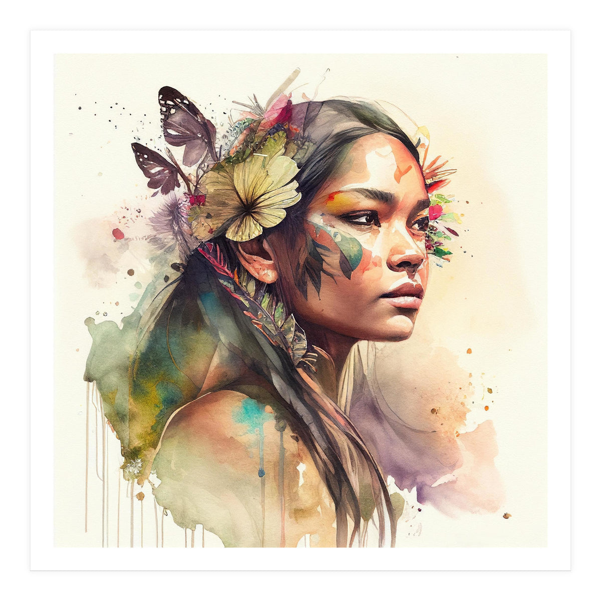 Watercolor Floral Indian Native Woman #2 (Print Only)