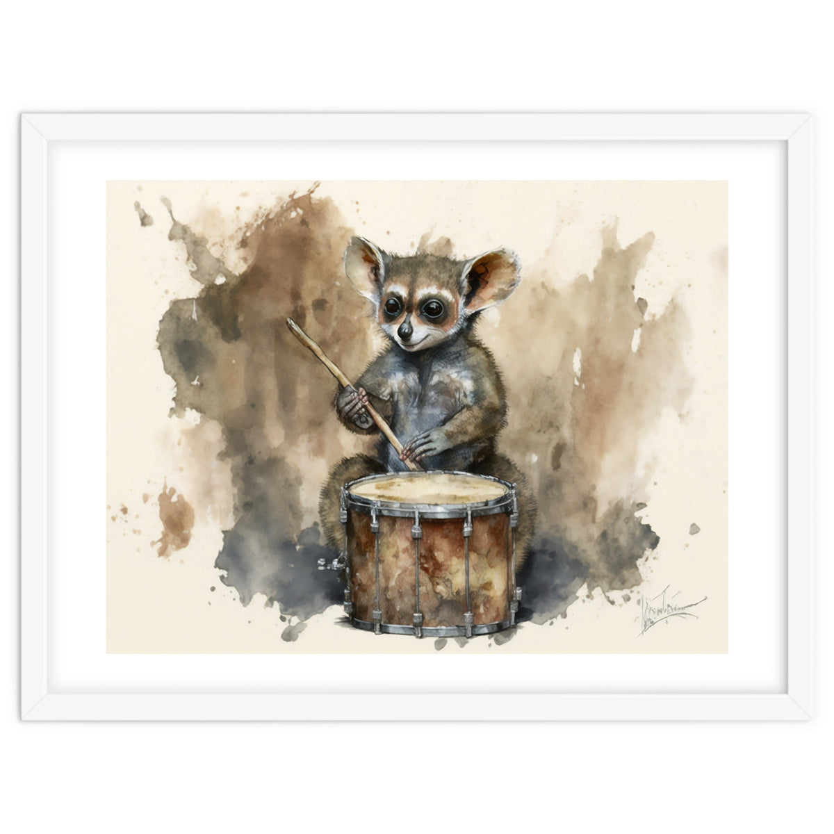 Bush Baby Playing Drum Watercolor Painting
