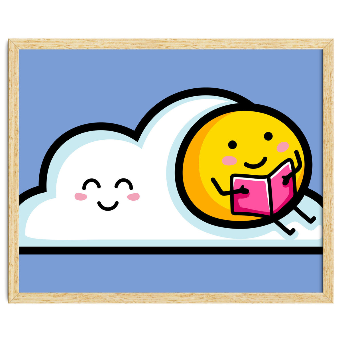 Kawaii Cute Sun Reading A Book On A Cloud