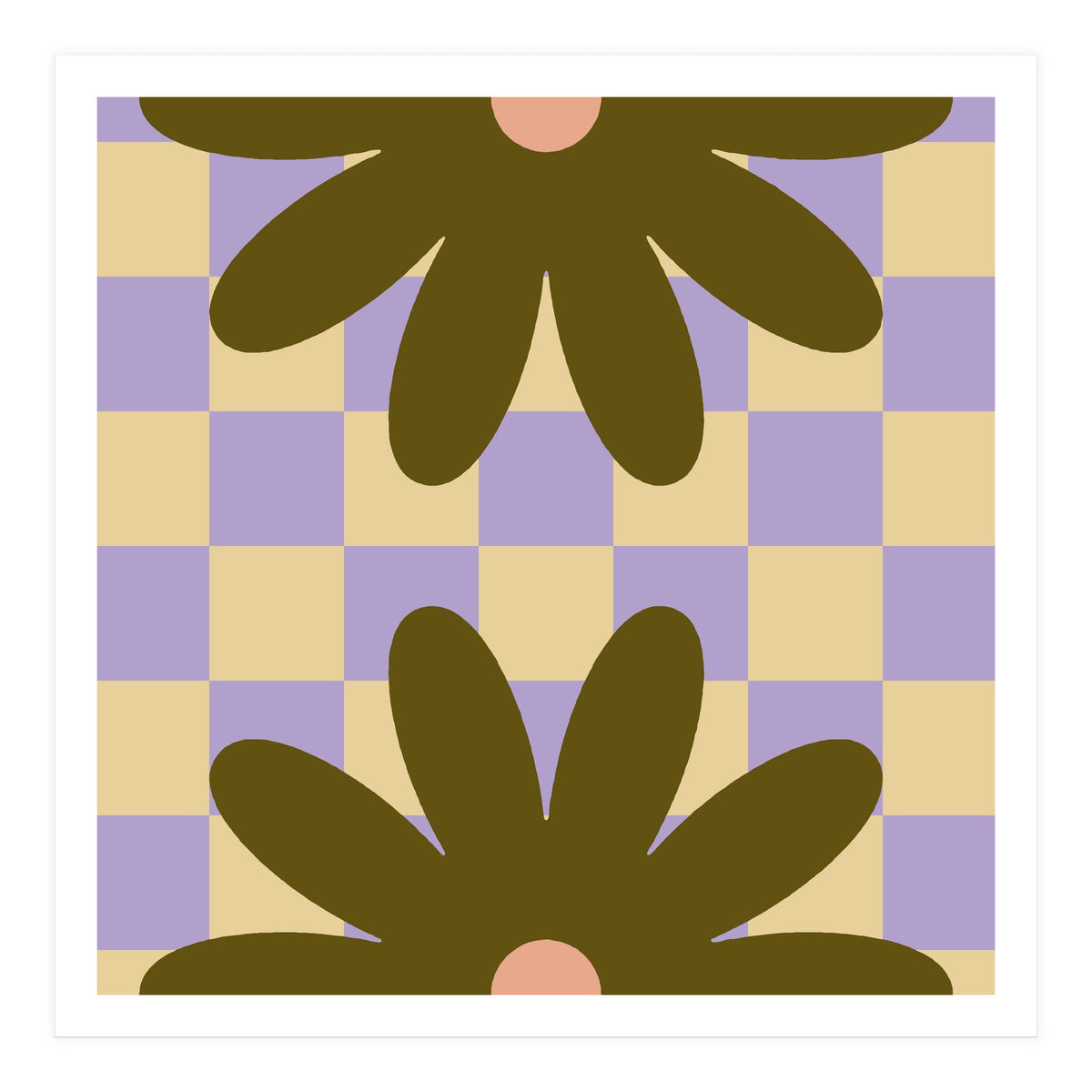 Retro Geometric Simple Flower on Checkerboard (Print Only)