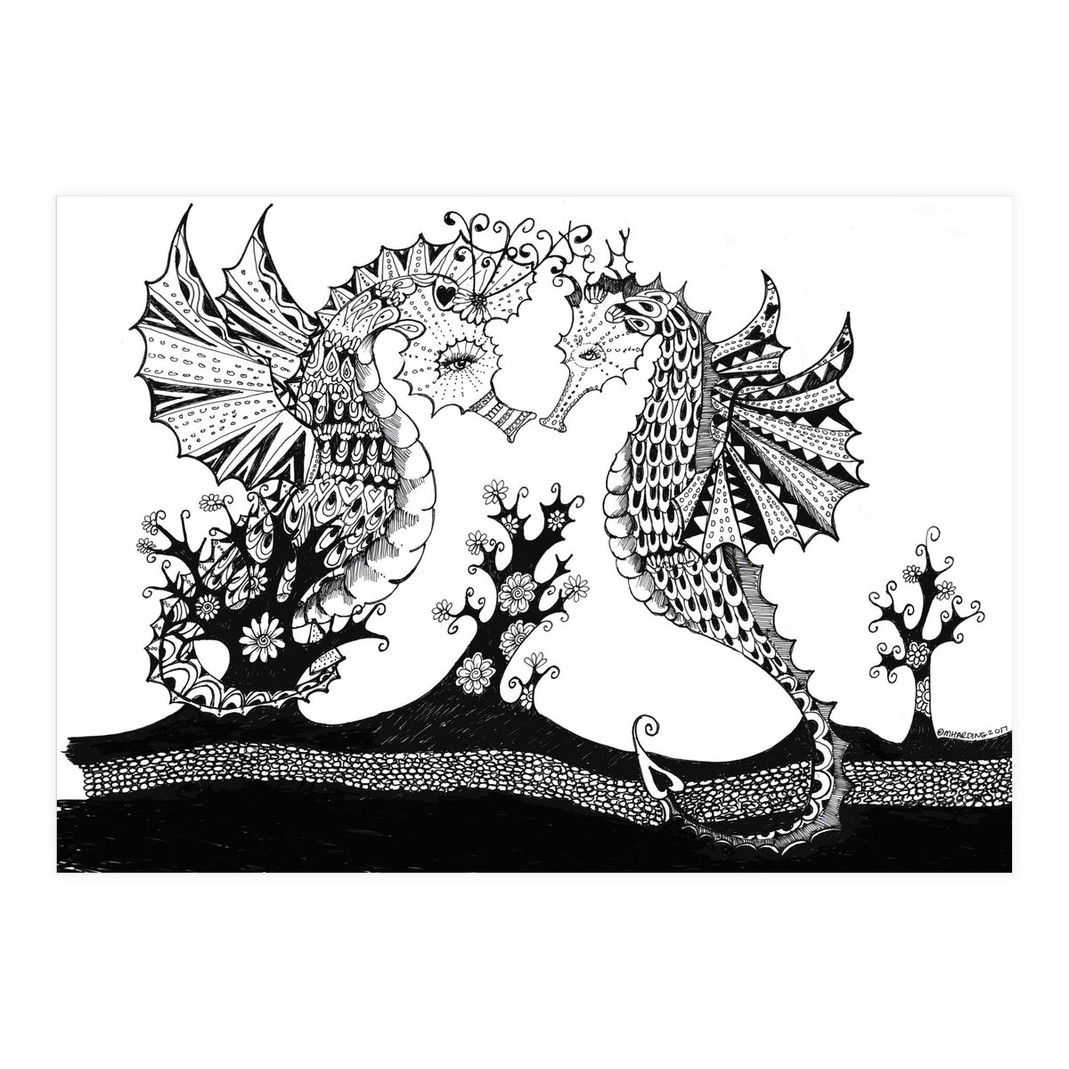 Seahorse Dragons Love Illustration (Print Only)