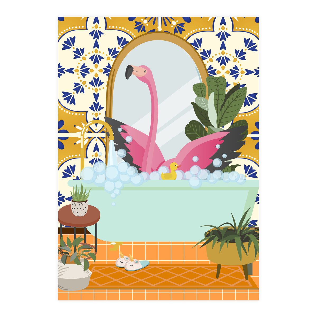 Flamingo Bathing in Moroccan Style Bathroom (Print Only)