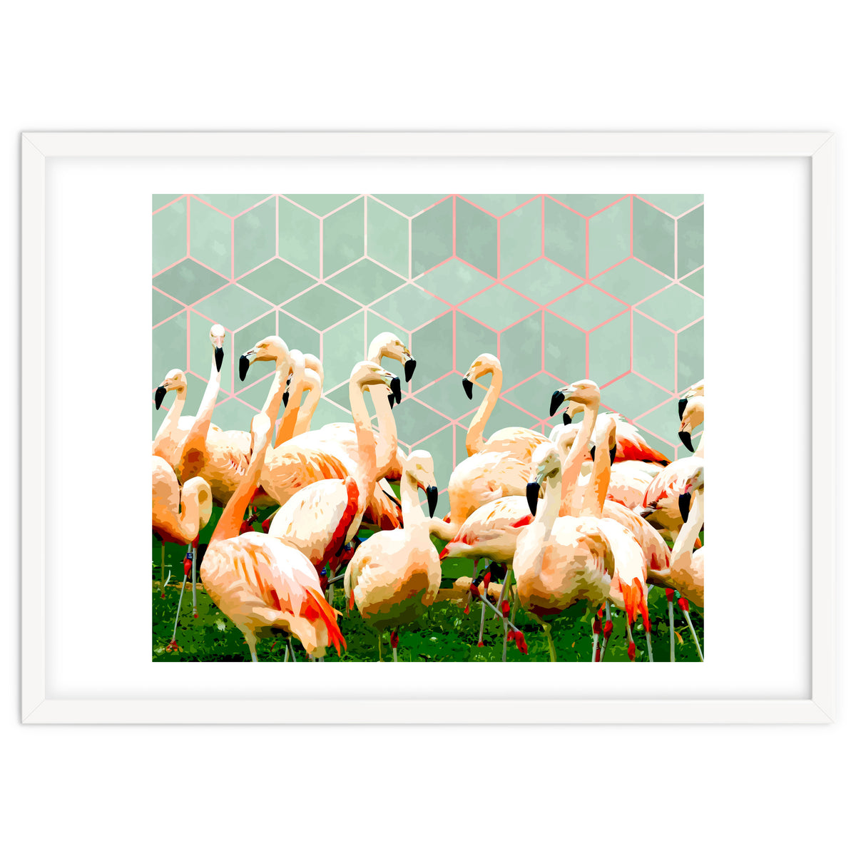 Flamingle Abstract Digital, Flamingo Wildlife Painting, Birds Geometric Collage