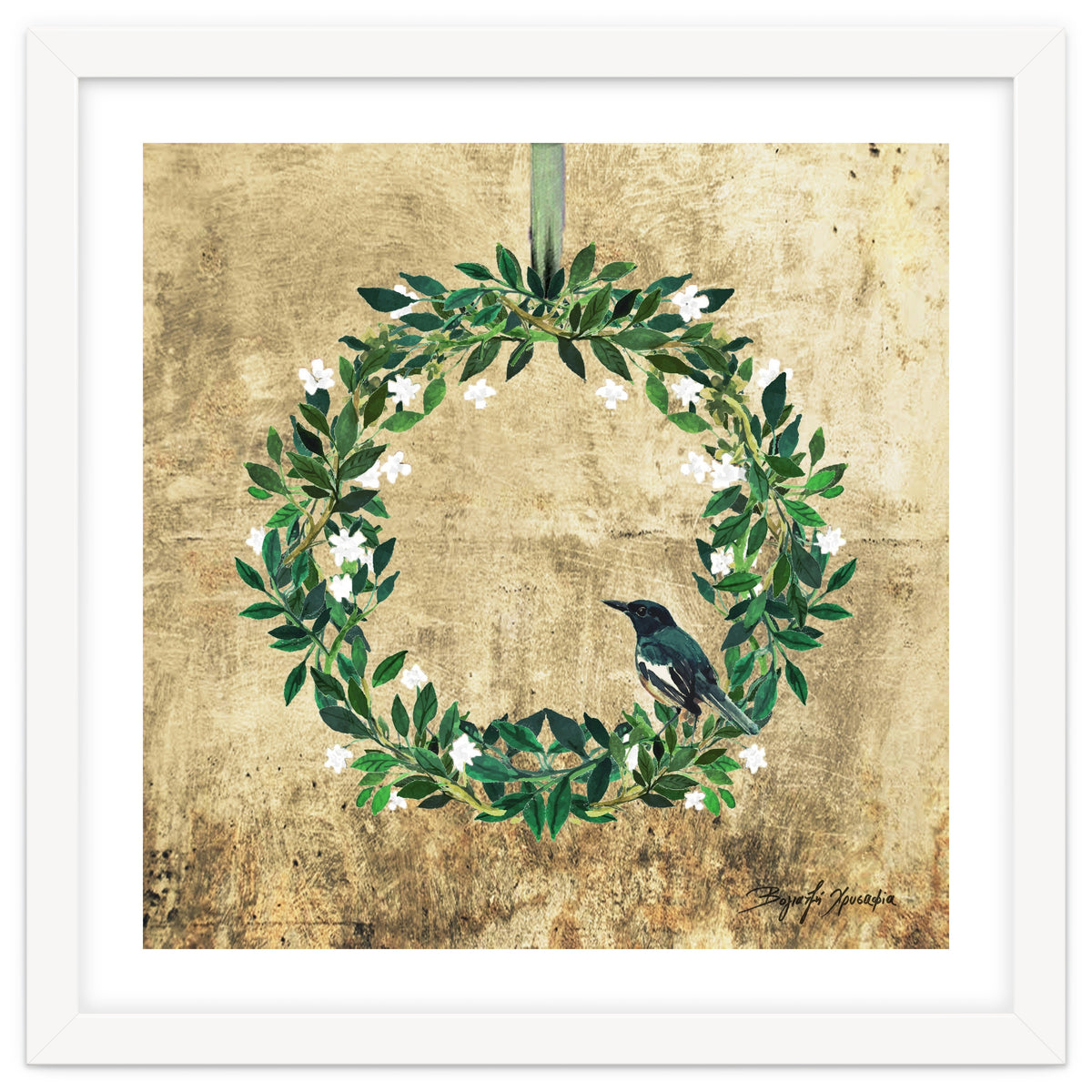 Wreath #White Flowers & Bird #Royal collection