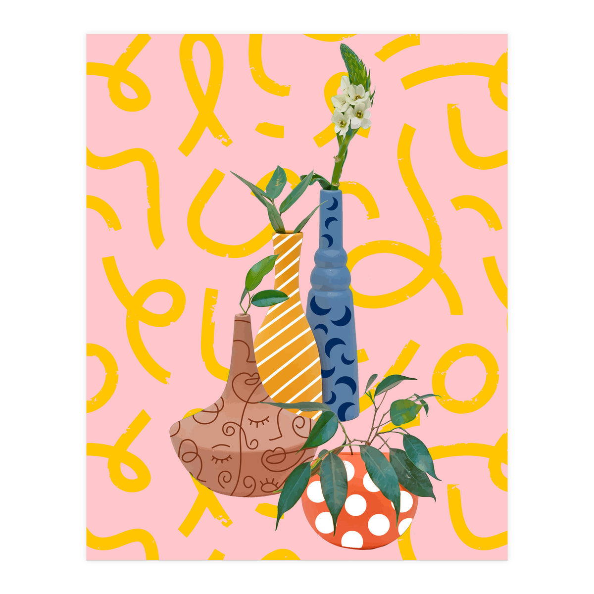 Modern Botanicals, Abstract Plant Pots, Quirky Nature Bohemian, Contemporary Decor (Print Only)