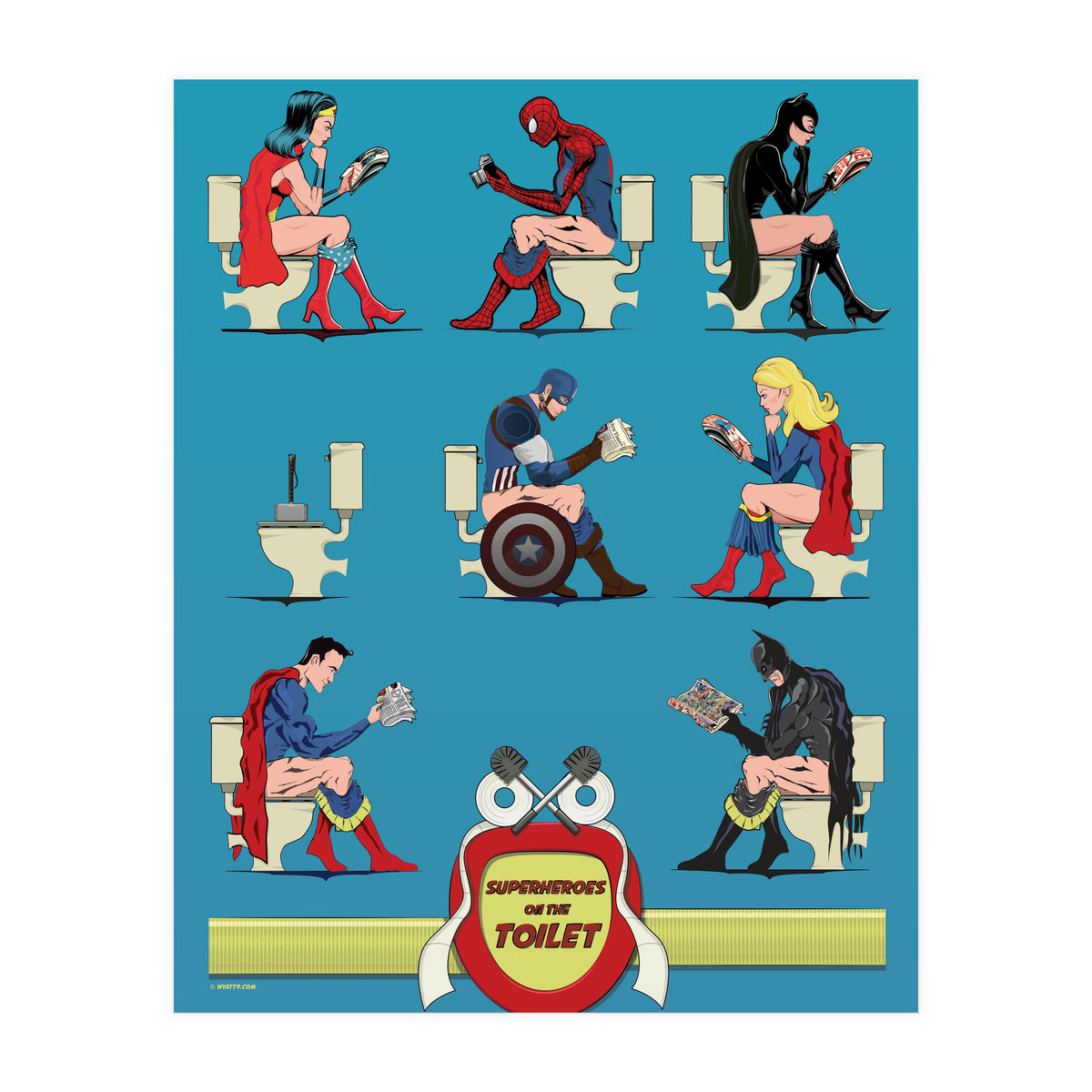 Superheroes on the Toilet, funny poo humour (Print Only)