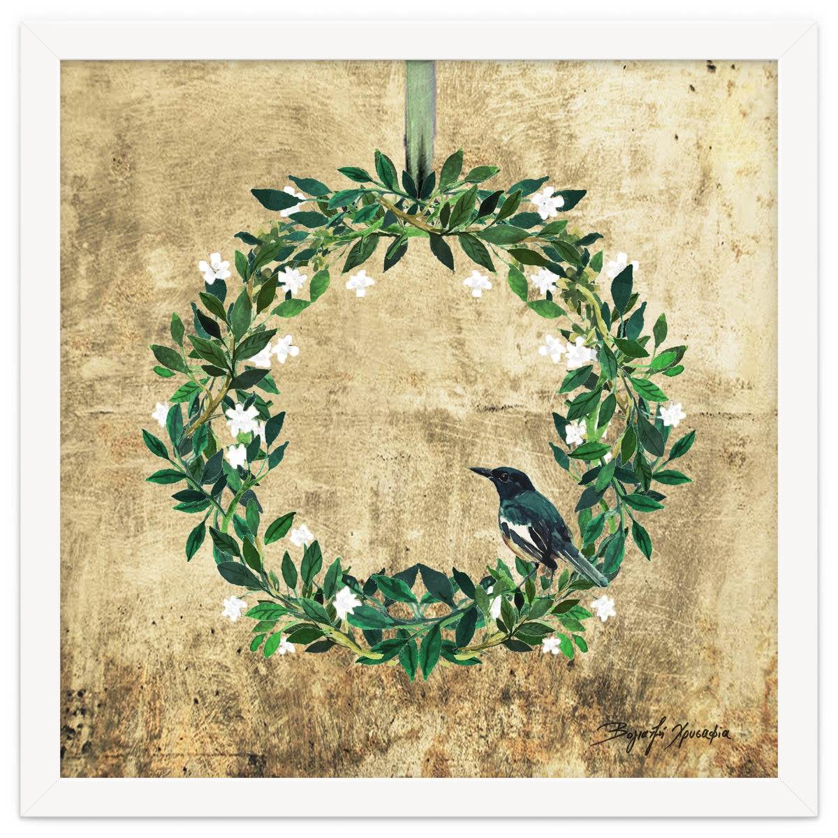 Wreath #White Flowers & Bird #Royal collection