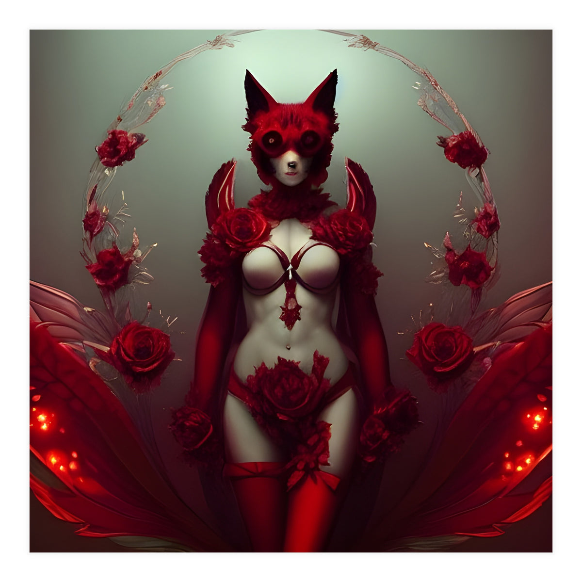 Red Floral Fox Vixen in Lingerie with Roses (Print Only)