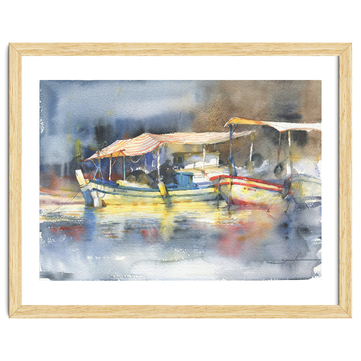 Yachts in the port. Watercolor art