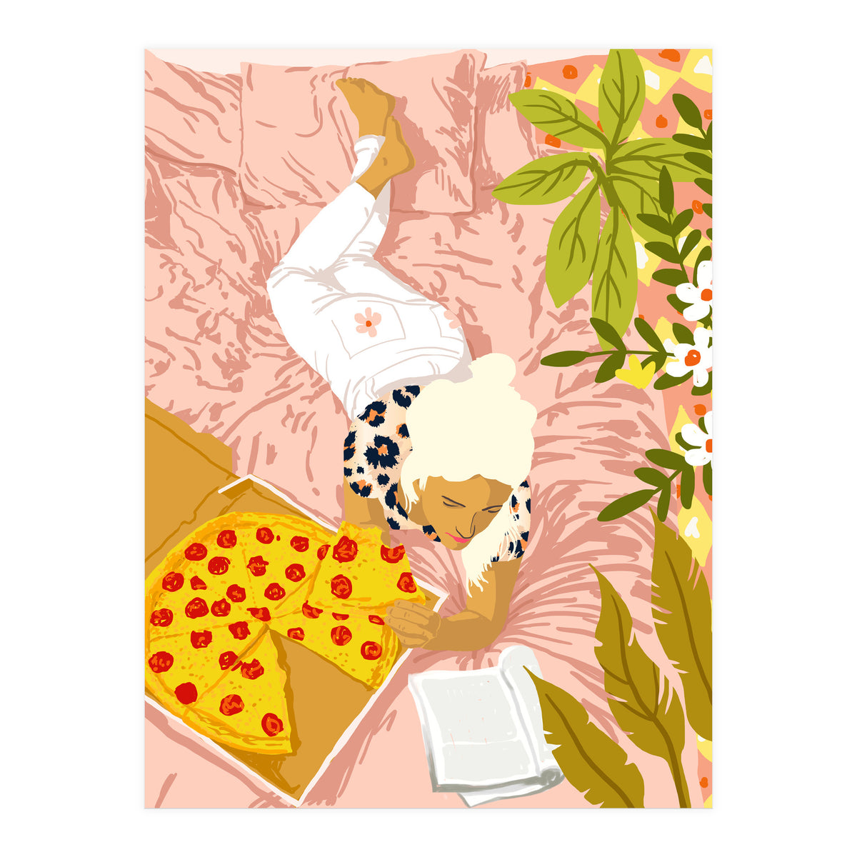 Pepperoni Pizza | Holiday Weekend Food Binge | Modern Bohemian Woman Reading in a Pastel Bedroom (Print Only)