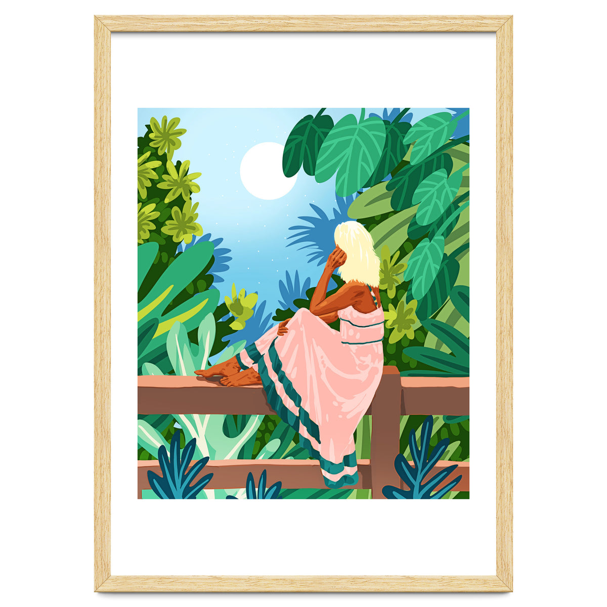 Forest Moon, Bohemian Woman Jungle Nature Tropical Colorful Travel Fashion Illustration