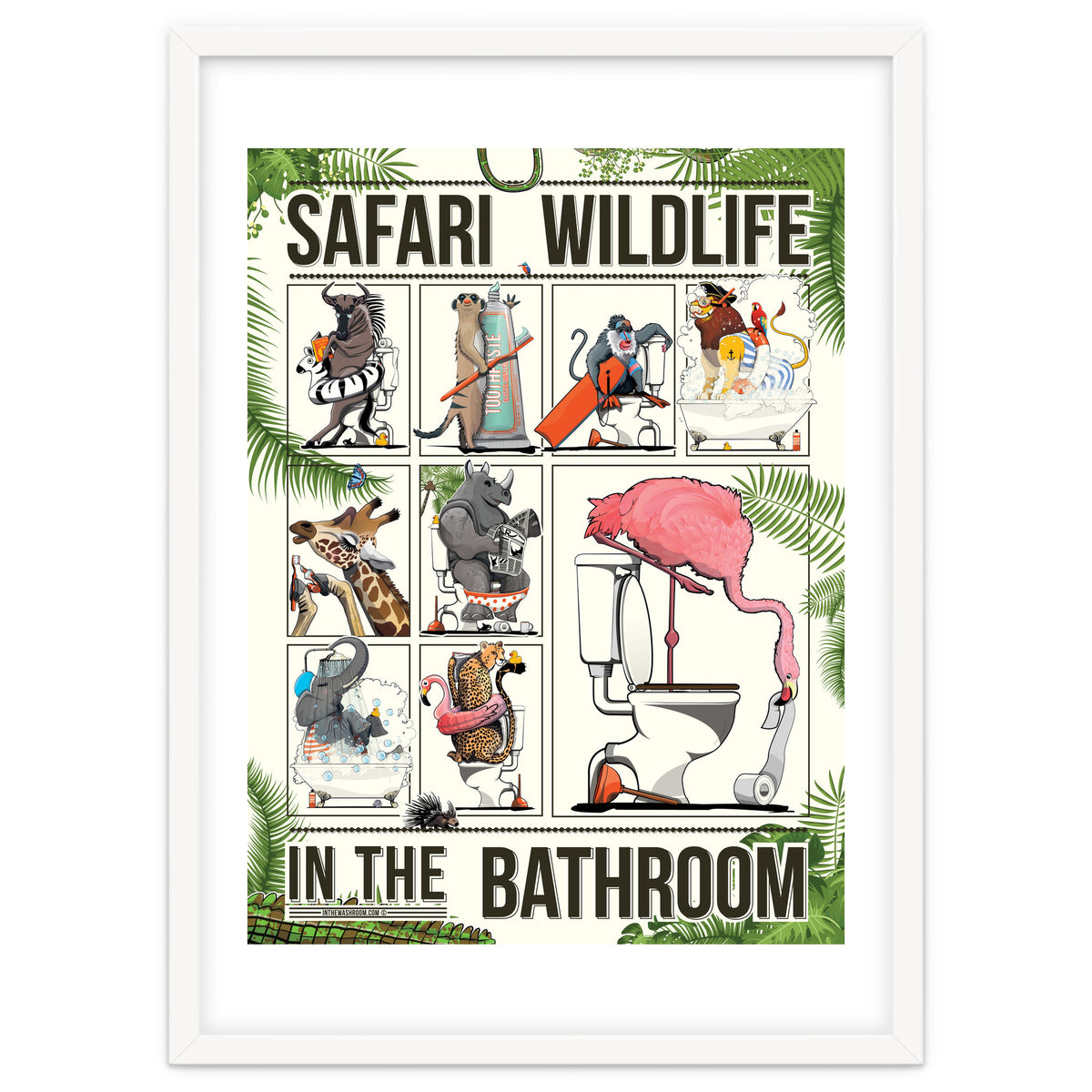 Safari wildlife animals in the bathroom, funny toilet humour.