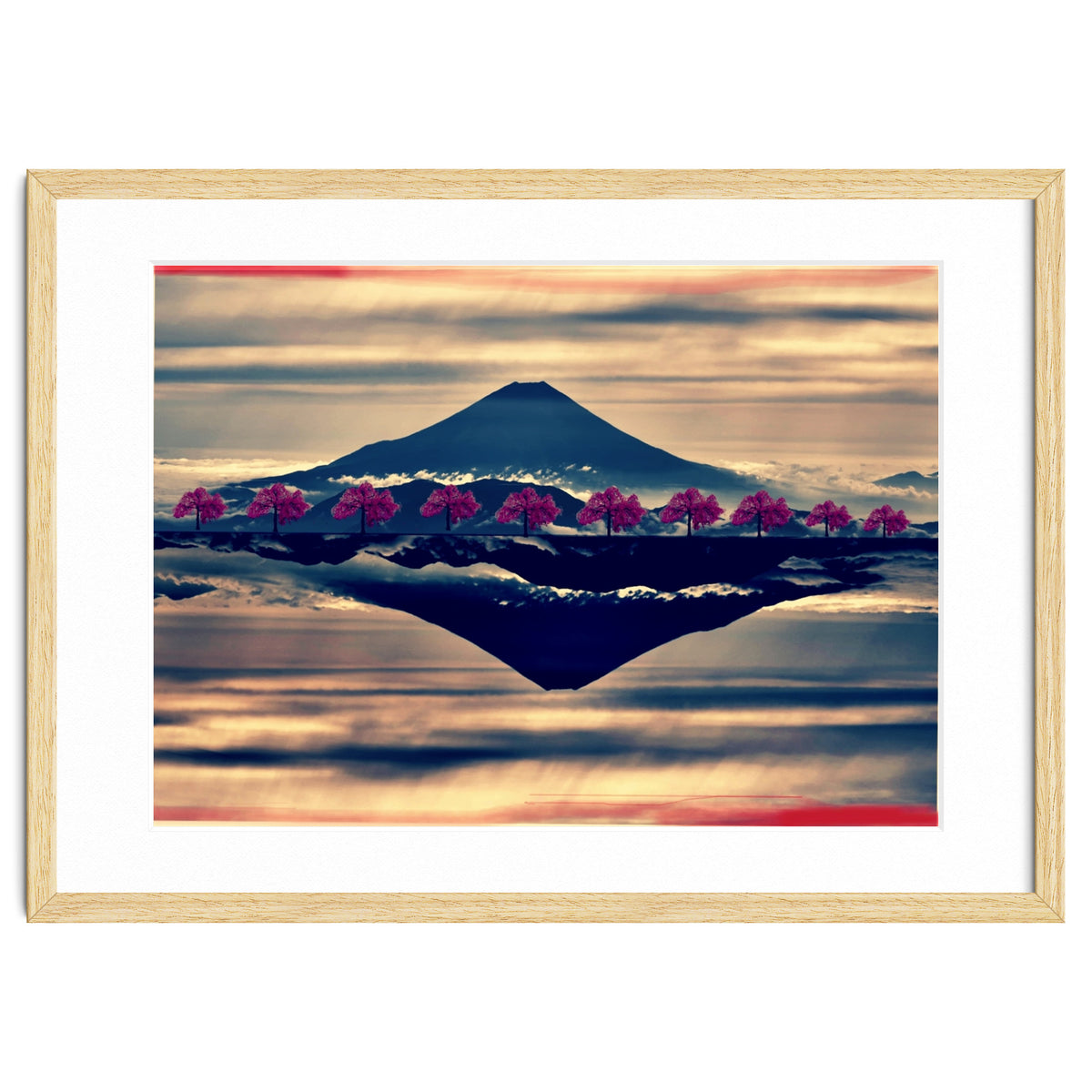 Reflection on Mount Fuji with cherry trees.