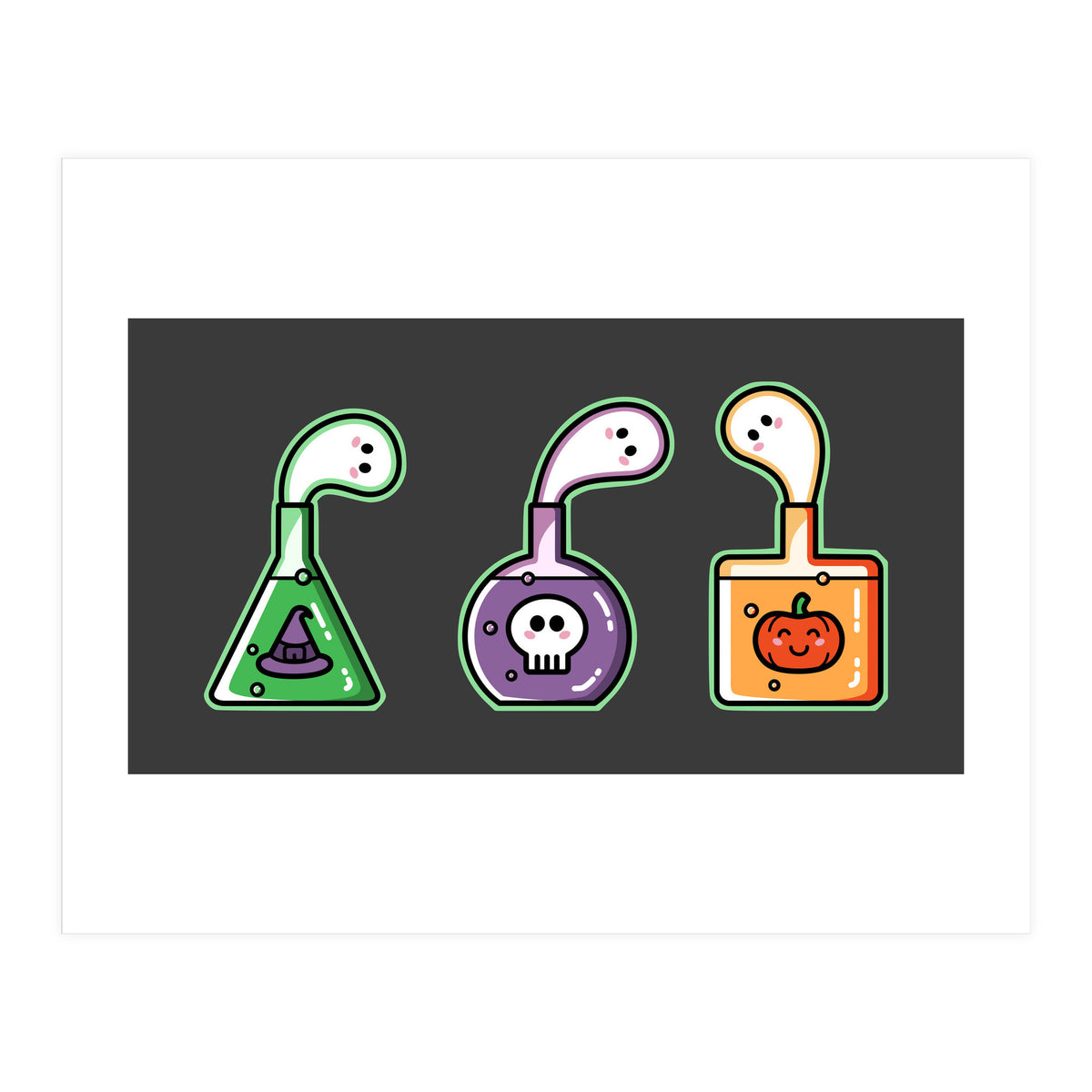 Kawaii Cute Halloween Potions - witches hat, skull, pumpkin, ghosts (Print Only)