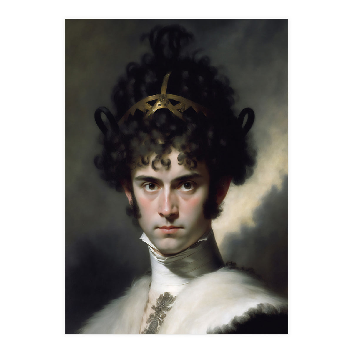Curly Haired Man Moody Vintage Dark Painting  (Print Only)