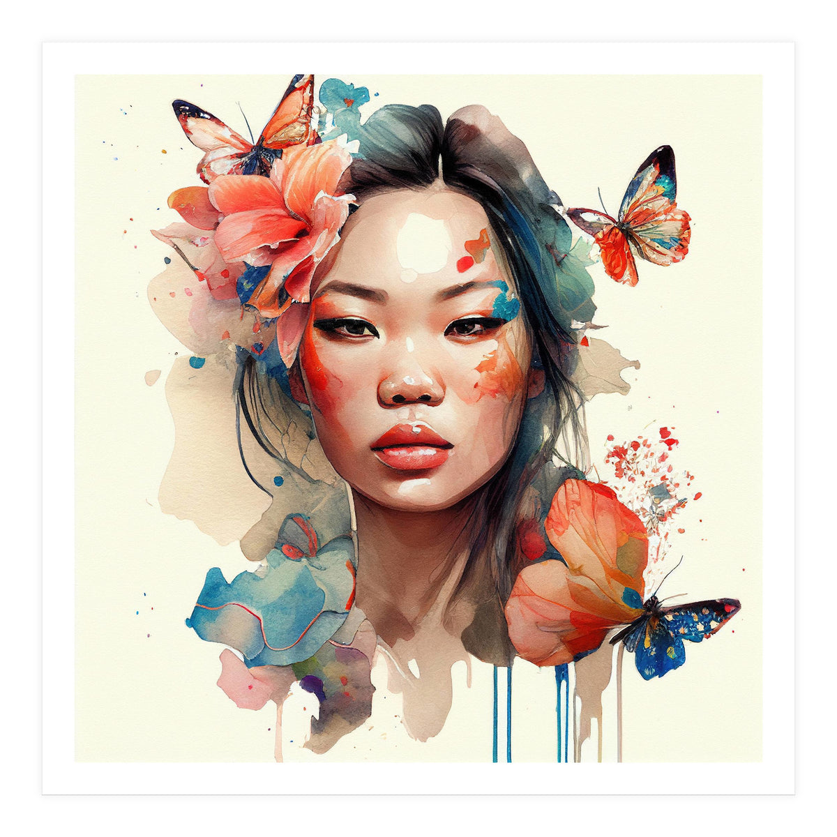 Watercolor Floral Asian Woman #1 (Print Only)