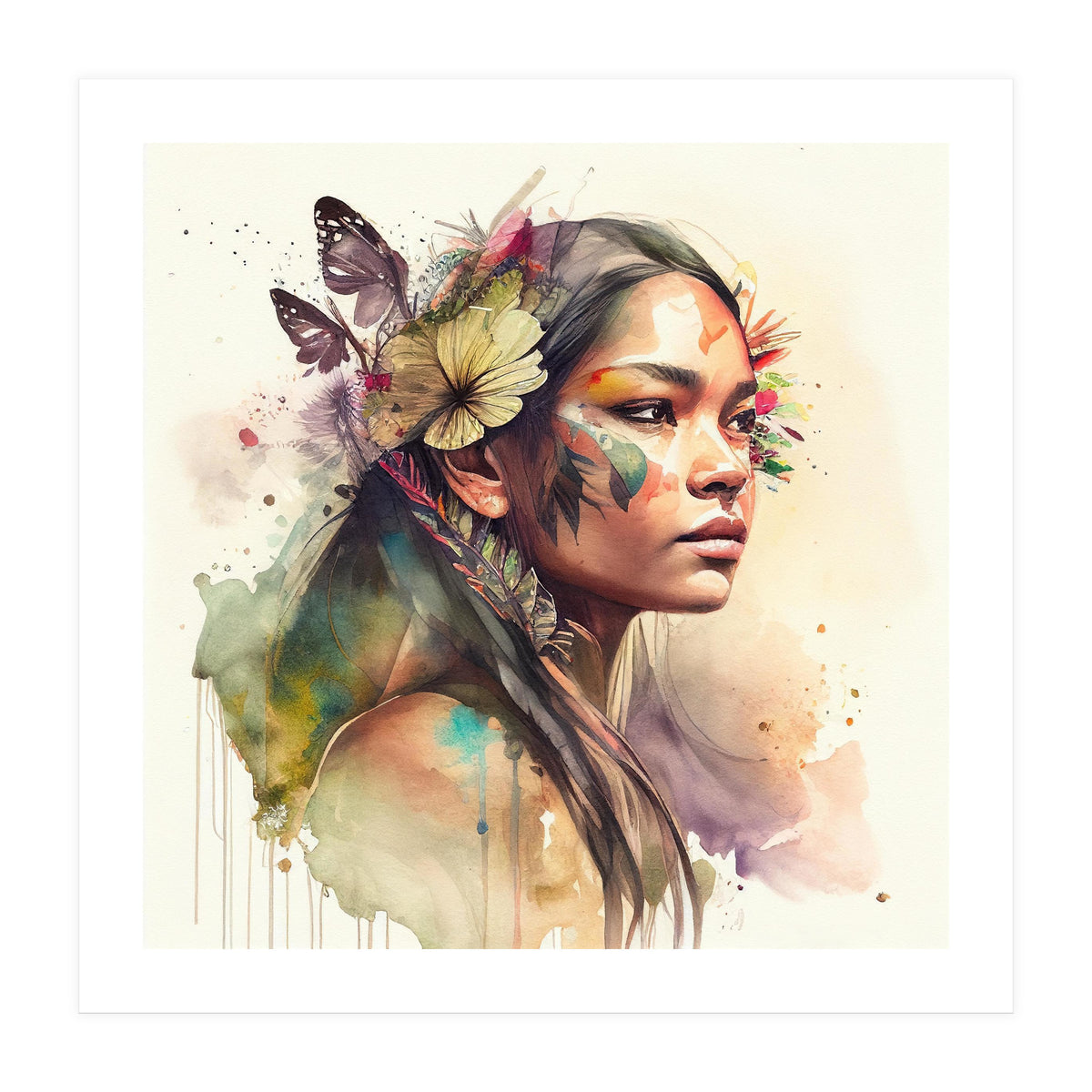 Watercolor Floral Indian Native Woman #2 (Print Only)