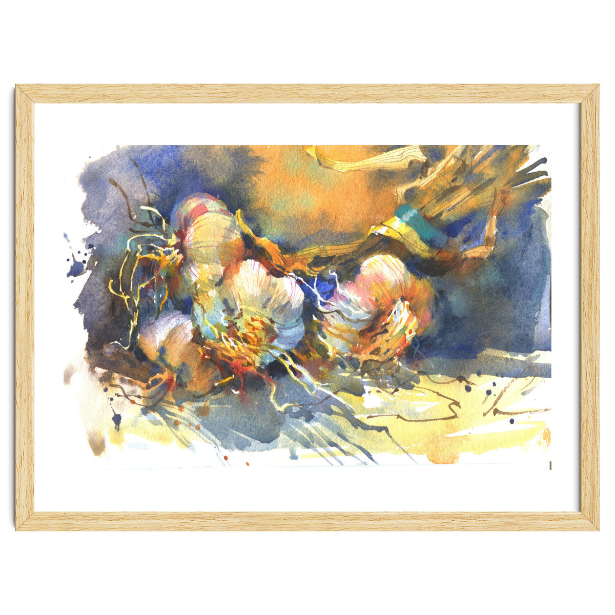 Garlic still life watercolor painting for kitchen