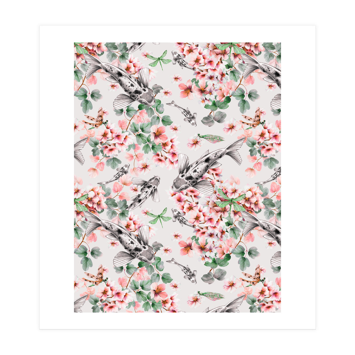 Asian fish among flowers (Print Only)