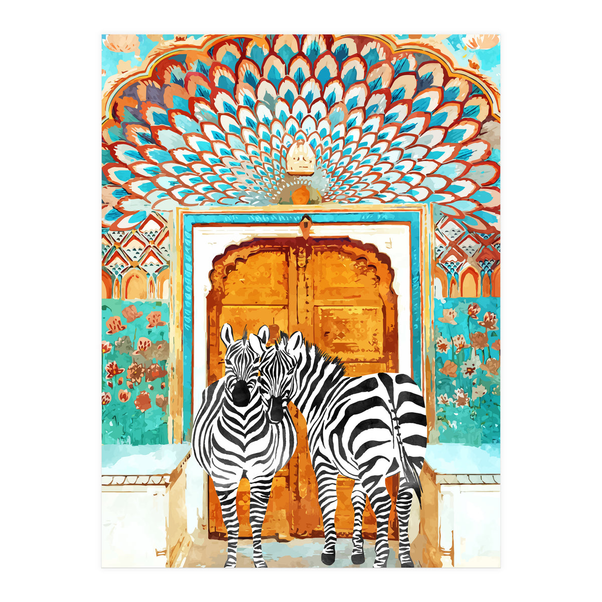 Take Your Stripes Wherever You Go Painting, Zebra Wildlife Architecture, Indian Palace Door Painting  (Print Only)