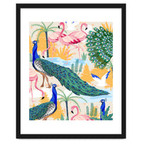 Utopia, Tropical Wildlife Animals, Flamingo Peacock Seagull Vintage Botanical Palm