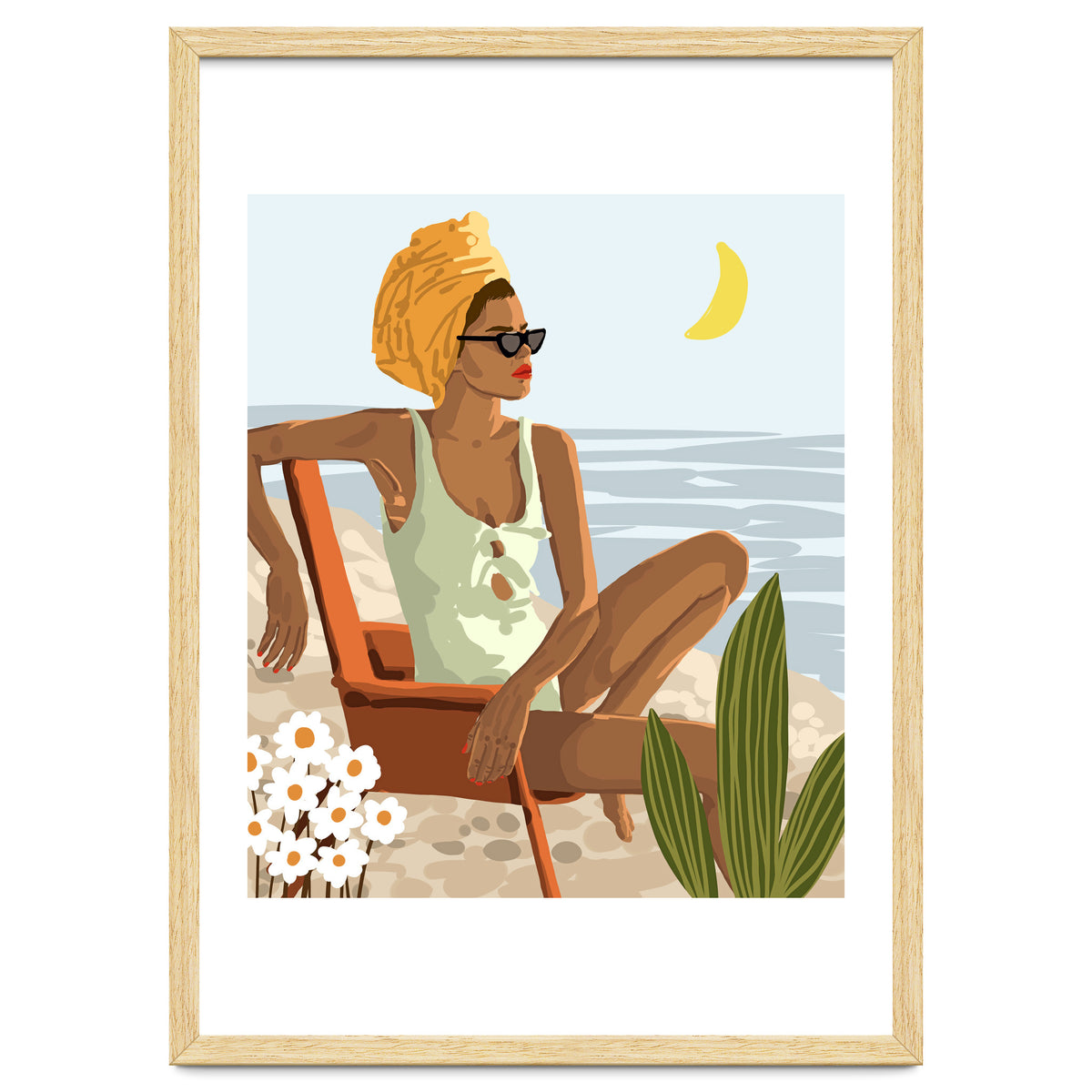 Moon Child, Beach Vacation, Black Woman Illustration Travel Ocean, Tropical Bohemian Fashion