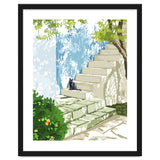 Black cat on the steps Poster, Greece Santorini summer travel pet painting thumbnail