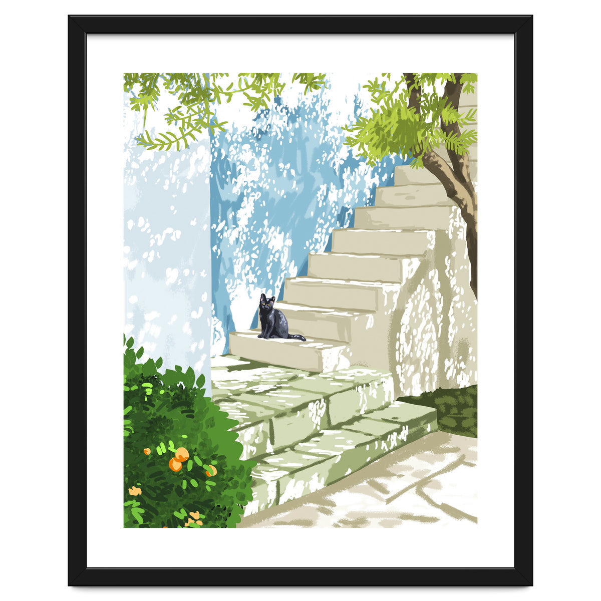 Black cat on the steps Poster, Greece Santorini summer travel pet painting