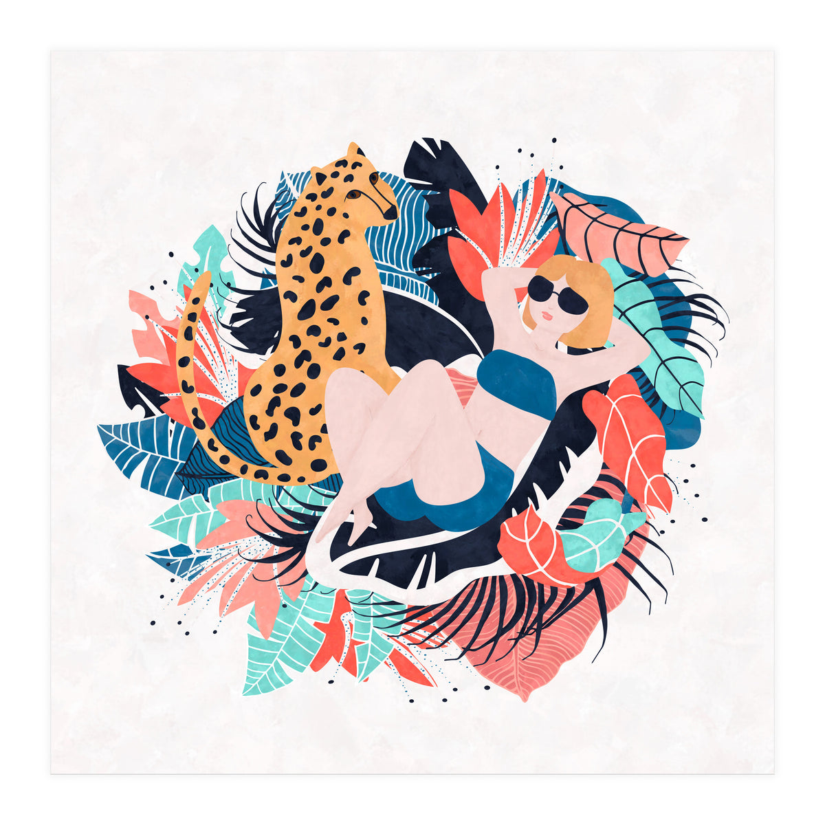 Yellow Hair Tropical Girl With Cheetah (Print Only)