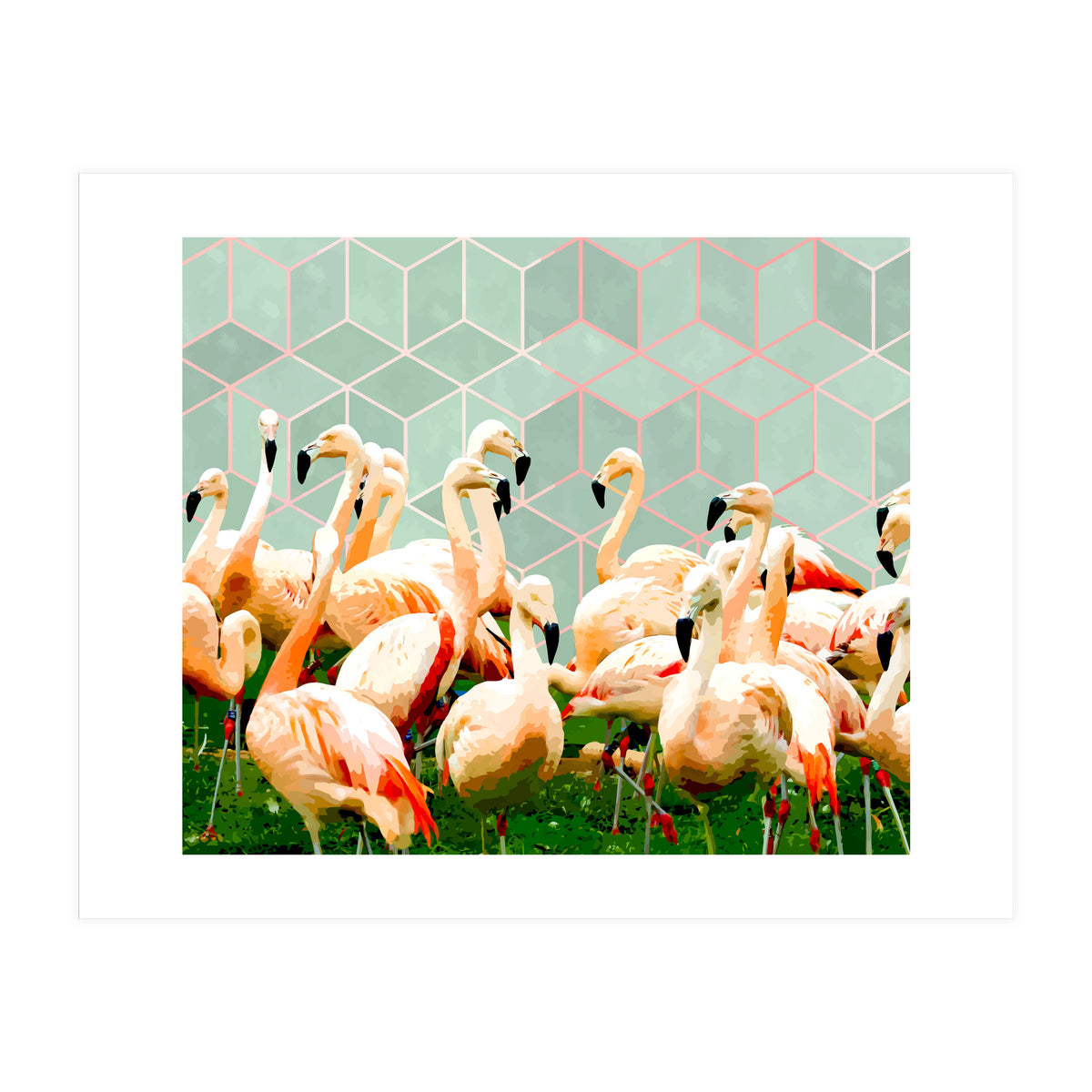 Flamingle Abstract Digital, Flamingo Wildlife Painting, Birds Geometric Collage  (Print Only)