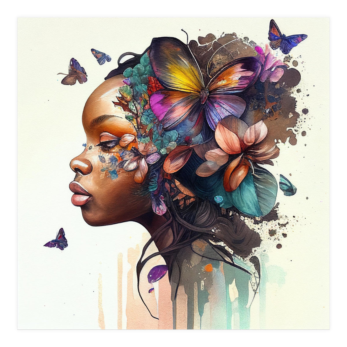 Watercolor Butterfly African Woman #8 (Print Only)