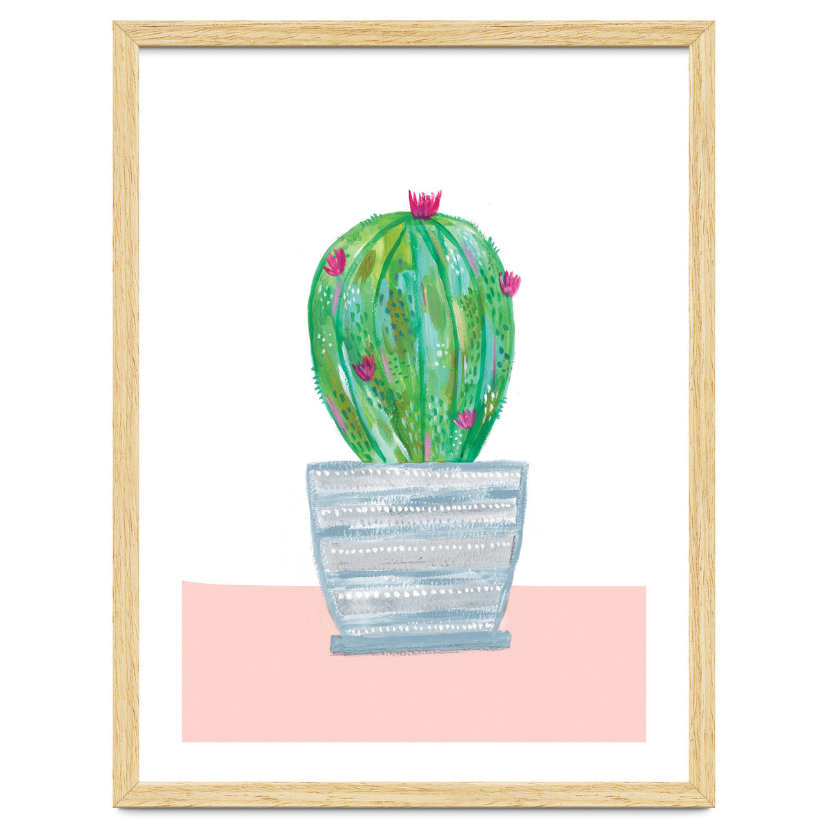 Painted Cactus In Blue Stripe Plant Pot