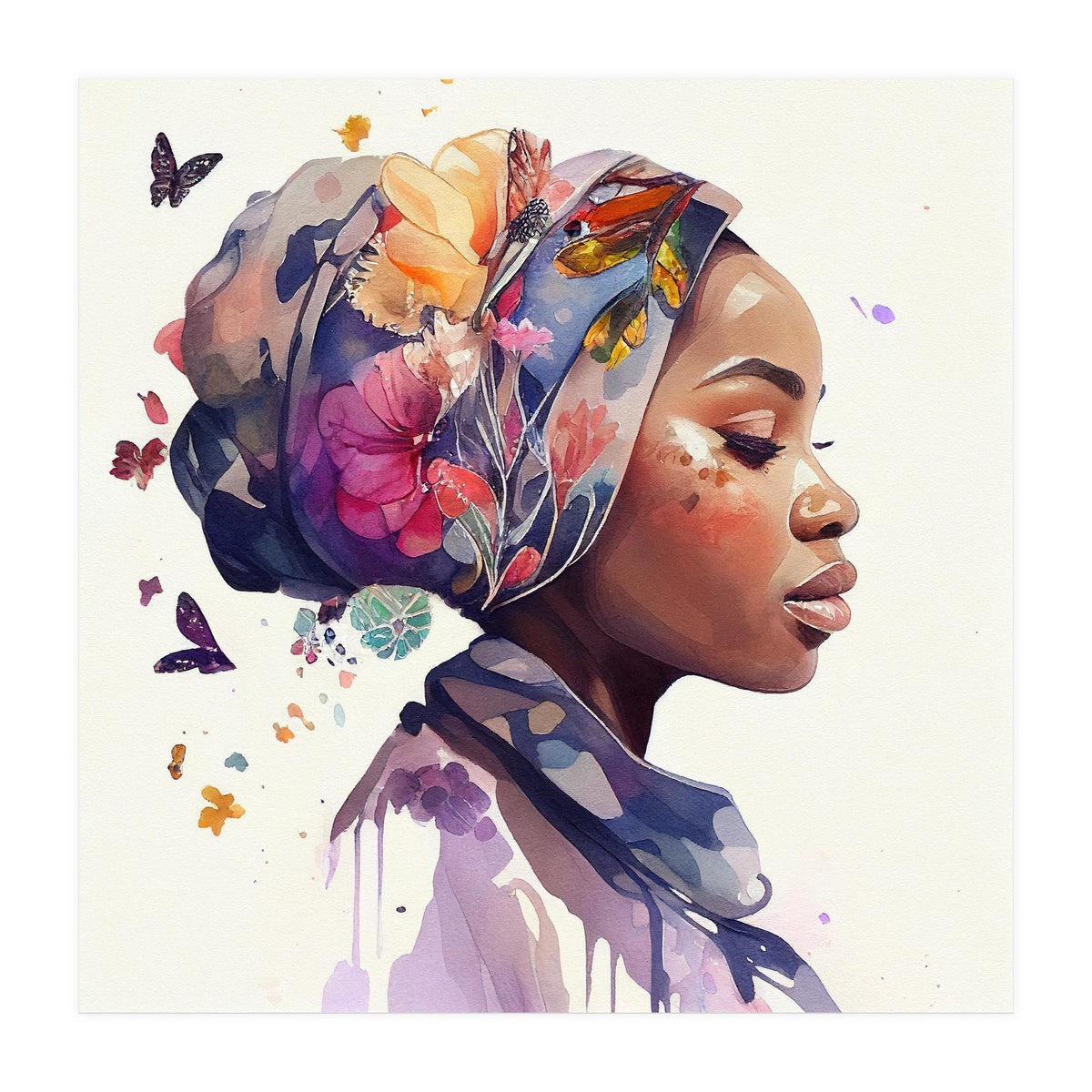 Watercolor Floral Muslim African Woman #1 (Print Only)