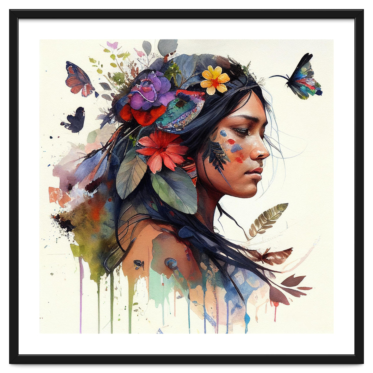 Watercolor Floral Indian Native Woman #15