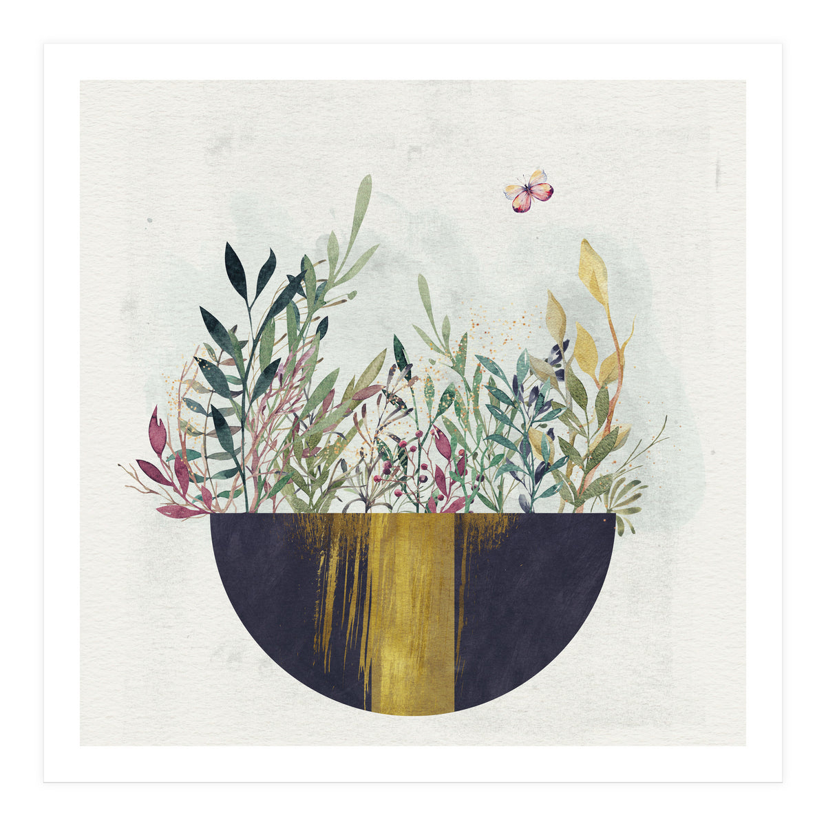 Flowers and leaves in a simple basket (Print Only)